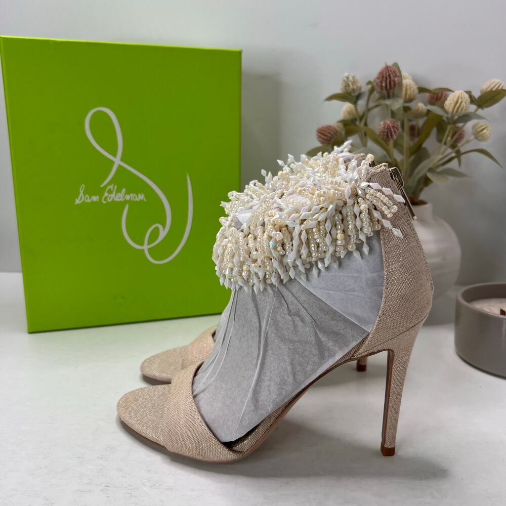 Sam Edelman Gillie Linen Beaded Shell Ankle Strap Heel Sand Heels Women 8M NWB - Picture 3 of 11